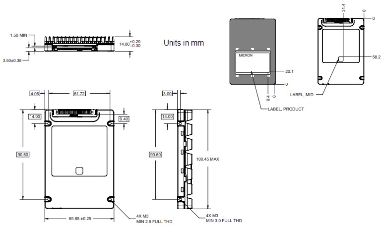 Mechanical Drawing - Micron 7500 Solid State Drives - SSDs
